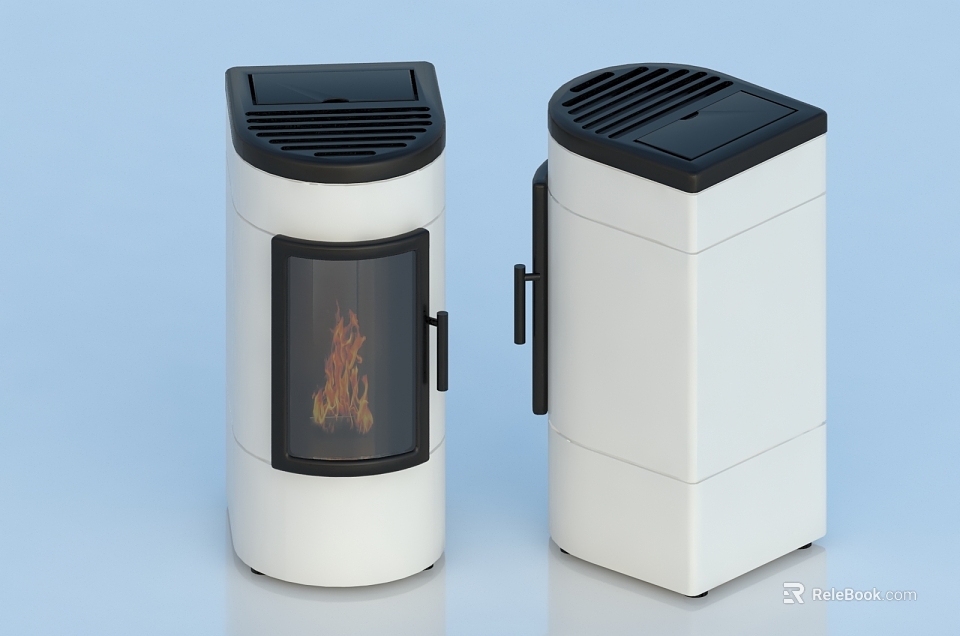 Two Modern White Stoves With Black Tops Glass Viewing Windows And Burning Flames 3d model 