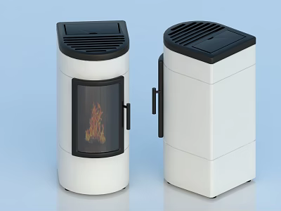 Two Modern White Stoves With Black Tops Glass Viewing Windows And Burning Flames 3d model