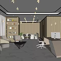 Modern Office Interior Open Layout With Wooden Elements Marble Floor Sofa Area Desk And Bookshelves
