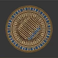 Decorative Circular Plate With Golden Border Blue Accents And Geometric Patterns