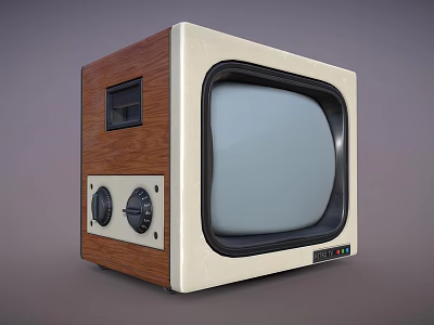 Vintage Television Featuring Wooden Case Cream Frame Front Knobs And Gray Screen 3d model