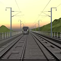 High Speed Train Traveling On Railway Tracks Over Bridge With Green Mountains And Sunset Sky
