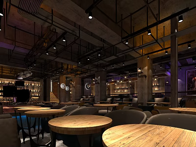 Modern Bar Interior With Wooden Tables Wine Racks Leather Seats And Pendant Lights 3d model