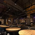 Modern Bar Interior With Wooden Tables Wine Racks Leather Seats And Pendant Lights