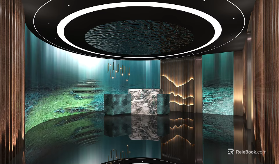 Elevator Lobby Featuring Circular Ceiling Lighting Green Natural Landscape Marble Desk And Golden Decorations 3d model 