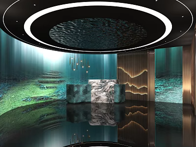 Elevator Lobby Featuring Circular Ceiling Lighting Green Natural Landscape Marble Desk And Golden Decorations 3d model