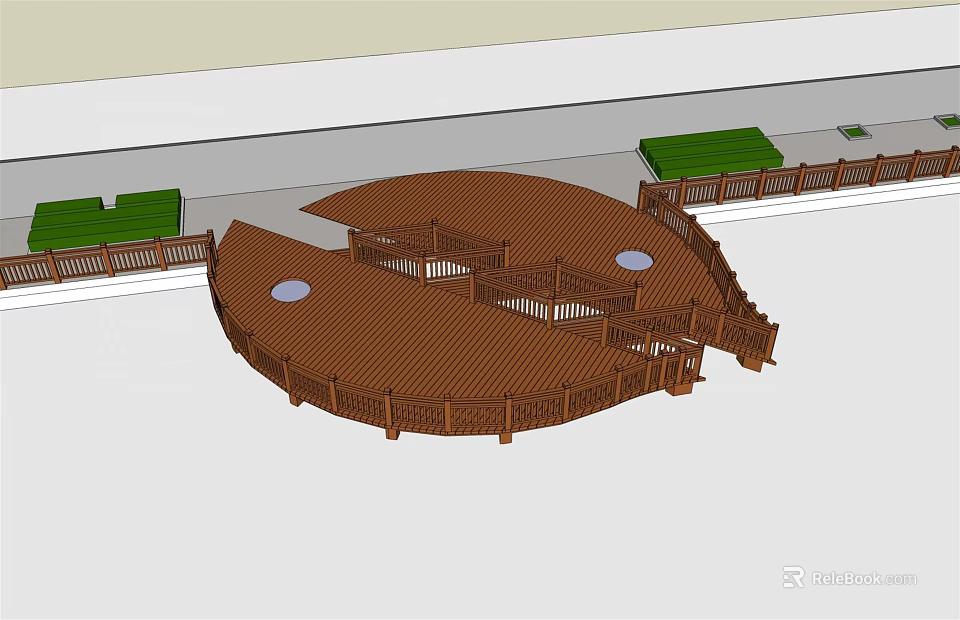 Wooden Circular Pedestrian Deck With Railings And Adjacent Green Spaces For Roadside Public Access 3d model 