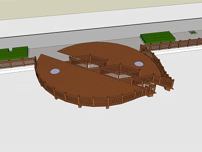 Wooden Circular Pedestrian Deck With Railings And Adjacent Green Spaces For Roadside Public Access 3d model