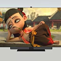 Vibrant Television Displaying Animated Character Lying on Stone Slab with Traditional Architecture Autumn Background