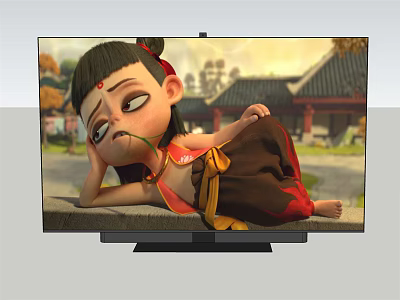 Vibrant Television Displaying Animated Character Lying on Stone Slab with Traditional Architecture Autumn Background 3d model