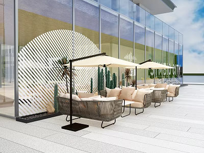 Modern Restaurant Outdoor Dining Area With Wicker Chairs Beige Sofas Umbrellas And Cactus Plants 3d model