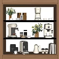 Stylish Kitchen Appliances Display With Coffee Makers Espresso Machine And Decorative Vases 3d model
