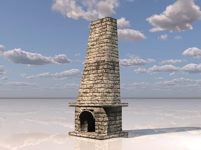 Stone Fireplace With Tall Chimney on Reflective Surface Under Blue Sky and Clouds 3d model