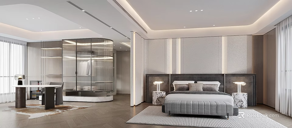 Elegant Modern Bedroom Interior Design With King Bed Nightstand Area Rug And Glass Partition 3d model 