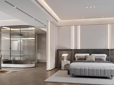 Elegant Modern Bedroom Interior Design With King Bed Nightstand Area Rug And Glass Partition 3d model