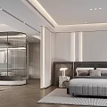 Elegant Modern Bedroom Interior Design With King Bed Nightstand Area Rug And Glass Partition