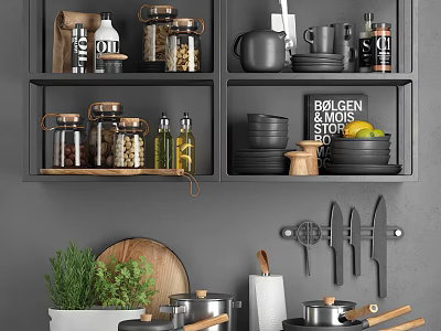 Modern Kitchen Wall Shelves With Storage Jars Plates Knives Cutting Board And Herb Plant 3d model