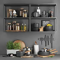 Modern Kitchen Wall Shelves With Storage Jars Plates Knives Cutting Board And Herb Plant
