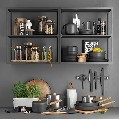 Modern Kitchen Wall Shelves With Storage Jars Plates Knives Cutting Board And Herb Plant 3d model
