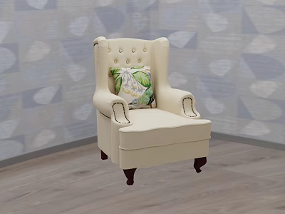 Beige Button Tufted Armchair With Green Patterned Cushion Dark Wooden Legs Light Blue Geometric Wallpaper 3d model