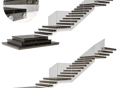 Modern Floating Staircase With Glass Railings And Wooden Treads Design 3d model
