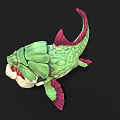 Green Aquatic Creature with Pink Fins and White Object in Mouth Unique Scales Design