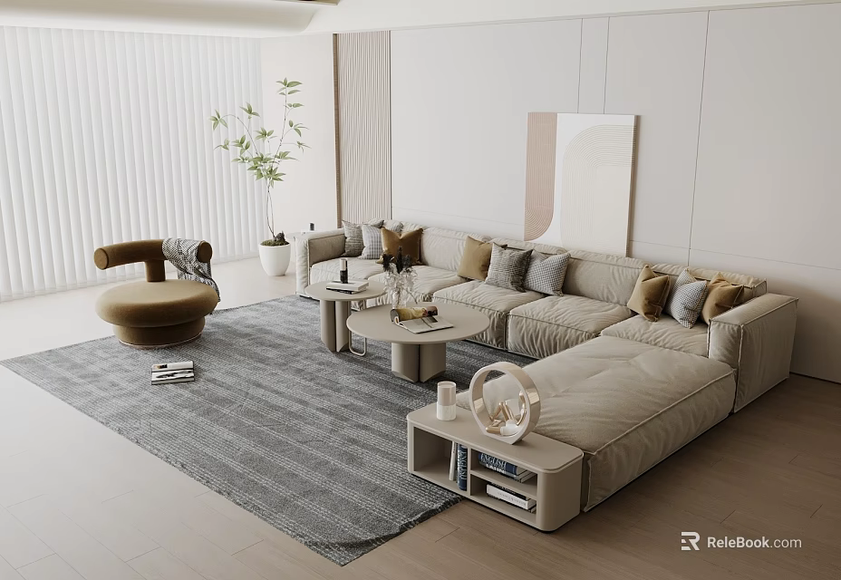 Modern Beige Living Room Interior With L Shaped Sofa Round Coffee Tables And Area Rug 3d model 