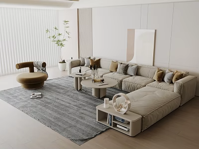 Modern Beige Living Room Interior With L Shaped Sofa Round Coffee Tables And Area Rug 3d model