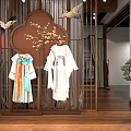 Traditional Chinese Style Mall Store Featuring Clothing Mannequins Floral Screen Decorative Lanterns And Potted Plants