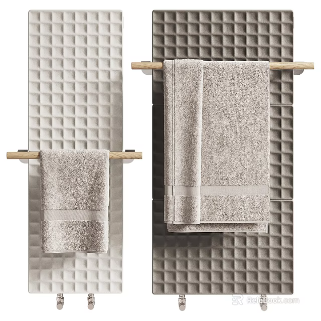 Soft Light Gray Towels Hanging On Wooden Rod Against Textured Wall 3d model 