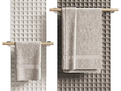 Soft Light Gray Towels Hanging On Wooden Rod Against Textured Wall 3d model