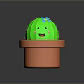 Green Cactus With Smiling Face Blush And Blue Flower In Orange Pot