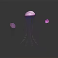 Three Vibrant Purple and Blue Jellyfish with Long Tentacles on Dark Background with Reflections