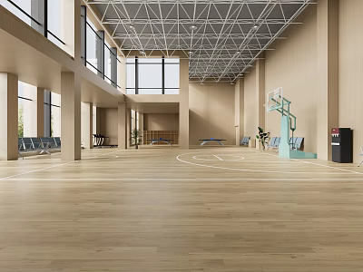 Spacious Basketball Gym Interior With Wooden Floor Hoop Seating And Large Windows 3d model