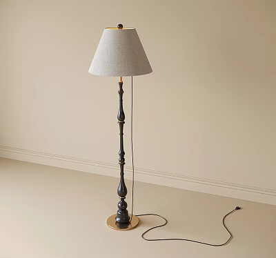 Elegant Black Floor Lamp With Light Gray Fabric Shade And Gold Accents 3d model