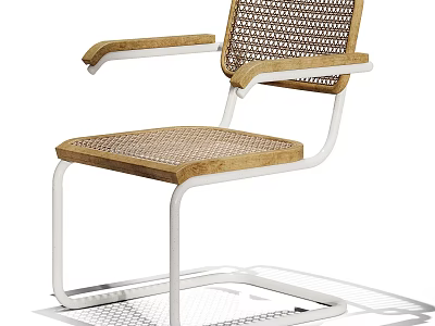 Modern Office Chair With Woven Seat Back Wooden Armrests And White Metal Frame Design 3d model