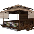 Japanese Style Pavilion Featuring Thatched Roof Wooden Pillars Bamboo Screen And Shelves
