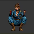 Woman in blue overalls with ponytail holding red beverage squatting on grey background