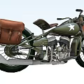 Vintage Military Green Motorcycle With Brown Leather Side Bag And Metal Engine Details