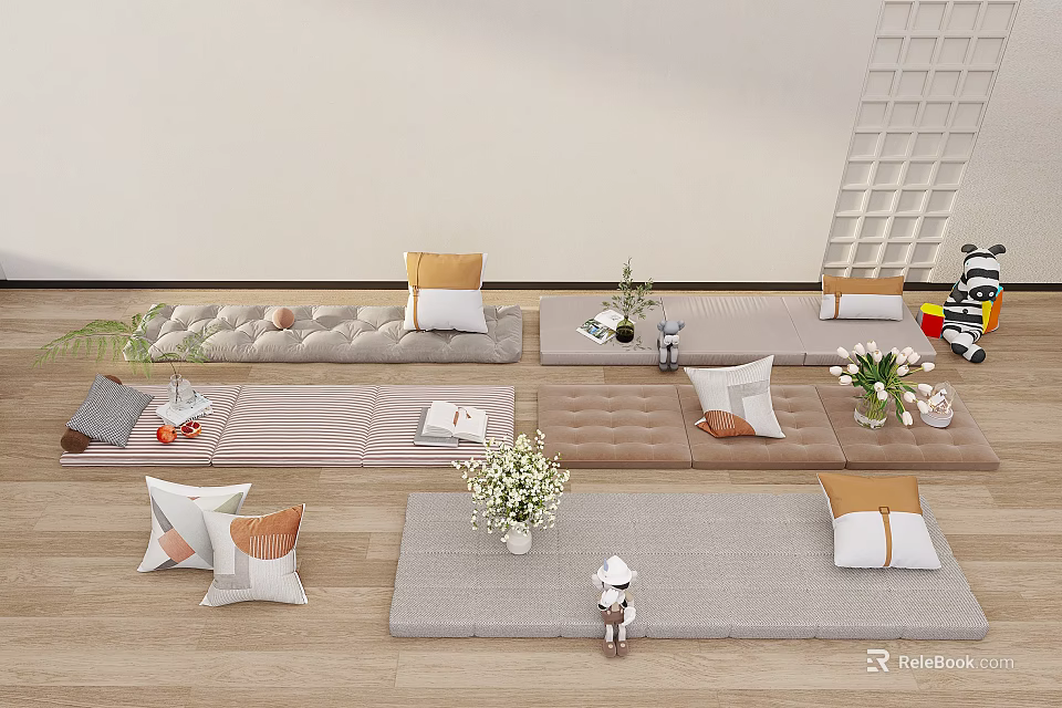 Soft Colored Home Living Mats With Decorative Cushions And Flower Bouquets 3d model 