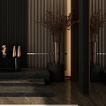 Entryway Hall With Dark Vertical Slat Wall Marble Elements And Decorative Vases 3d model