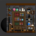 Enchanted Wizard Study Interior With Stone Fireplace Wooden Bookshelf Colorful Bottles And Cauldron
