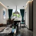 Elegant Tea House Corridor Interior With Gray Walls Decorative Paintings Round Mirror And Lighting Strips