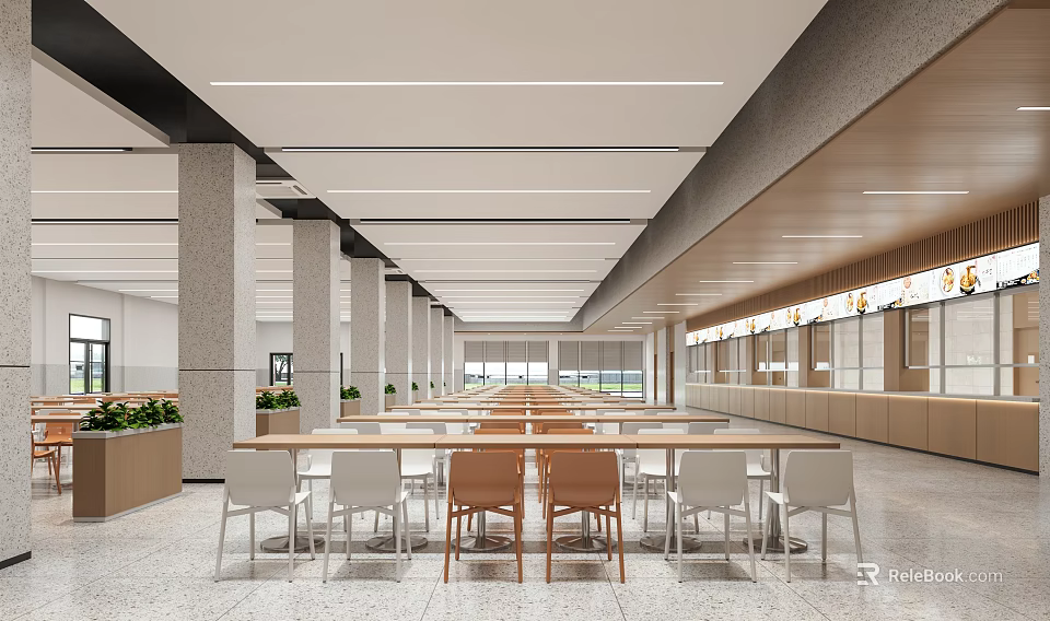 Spacious Restaurant Interior With Long Dining Tables Chairs Columns Counter And Ceiling Lighting 3d model 
