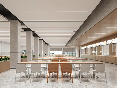 Spacious Restaurant Interior With Long Dining Tables Chairs Columns Counter And Ceiling Lighting 3d model