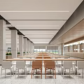 Spacious Restaurant Interior With Long Dining Tables Chairs Columns Counter And Ceiling Lighting 3d model