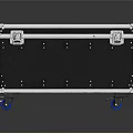 Black Metal Transport Case With Latches Flat Top And Blue Wheels