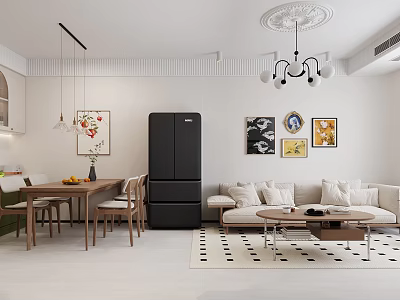 Modern Living And Dining Room Interior With Sofa Dining Table Chairs Wall Paintings And Chandelier 3d model