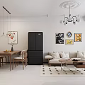 Modern Living And Dining Room Interior With Sofa Dining Table Chairs Wall Paintings And Chandelier