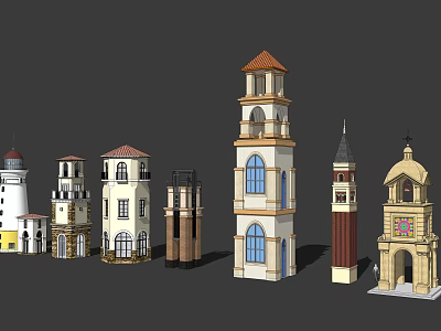 Various Architectural Towers Including Clock Tower Lighthouse and European Style 3d model